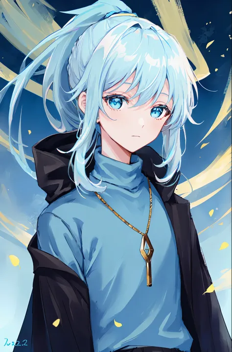 (((Ultra-HD-quality-details, relaxed))) emphasized-details:2, 1boy, turtleneck-sweater, pants, cloak, (((light-blue-hair, high-ponytail, light-blue-eyes)))