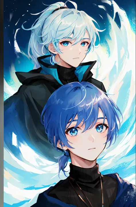 (((Ultra-HD-quality-details, relaxed))) emphasized-details:2, 1boy, male-focus, turtleneck-sweater, pants, cloak, (((light-blue-hair, high-ponytail, light-blue-eyes)))