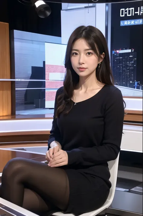 masterpiece, best quality, extremely detailed, hyperrealistic, photorealistic, a pretty announcer, a detailed studio, during the news program, sitting, ultra detailed face
