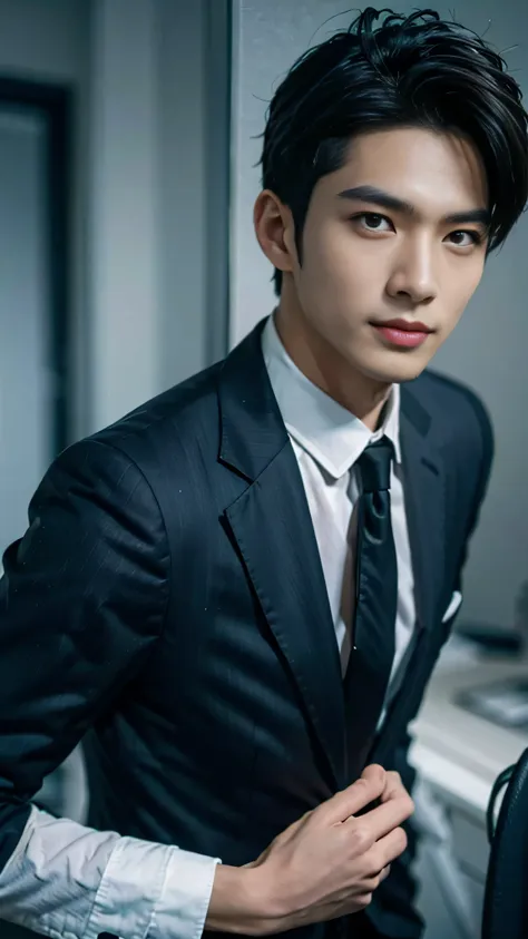 ((men)), (head shot), (frontal face), (half body view), (handsome muscular man in his 30s wearing black luxury suit with black n...