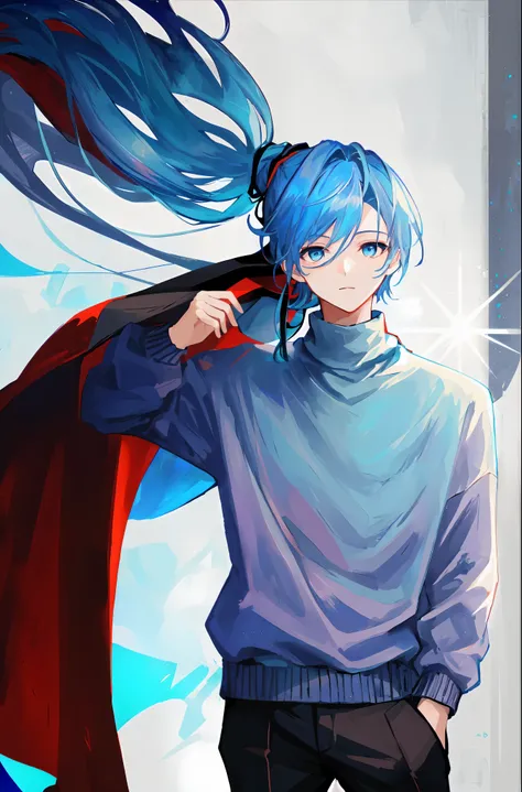 (((Ultra-HD-quality-details, relaxed))) emphasized-details:2, 1boy, handsome, turtleneck-sweater, pants, cloak, (((light-blue-hair, high-ponytail, light-blue-eyes)))