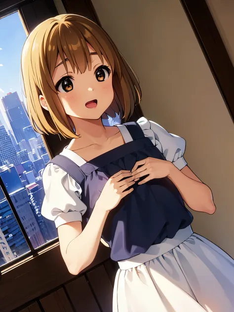 1girl, (((​masterpiece))), top-quality, top-quality, High Details, Hirasawa Yui, 1girl, two yellow hairpin, short hair, A brown-haired, brown-eyed, 独奏, maid cafe clothes, bikini, maid cafe uniform, full body, full image, rainy weather, illustratio, comic s...