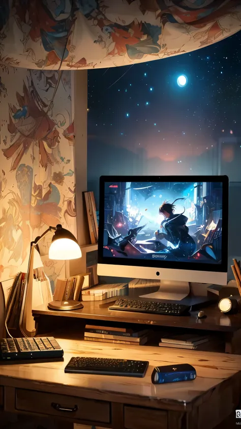 (best quality,4k,8k,highres,masterpiece:1.2), (anime,animated,animated art:1.2),(boy,anime boy:1.1,detailed boy),(desk, detaled desk,wooden desk),(computer monitor,detailed computer monitor),(anime wallpaper 8k, 4k anime wallpaper,anime art wallpaper 4k),(...