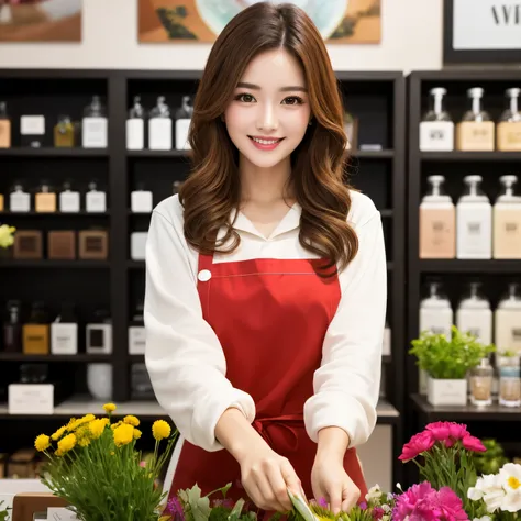 (highest quality、table top、8k、best image quality、Award-winning work)、Beauty of Spain、Spanish face、flower shop clerk、brown eyes、golden and brown hair、beautiful wavy hair、blurred background、The most natural and perfect flower shop interior、The store is decor...