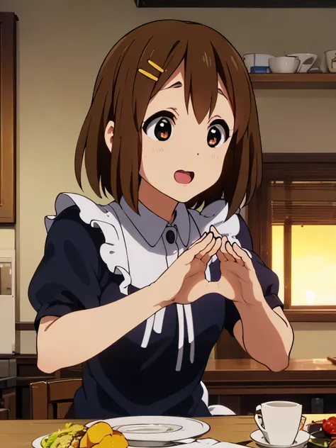 1girl, (((​masterpiece))), top-quality, top-quality, High Details, Hirasawa Yui, 1girl, two yellow hairpin, short hair, A brown-haired, brown-eyed, 独奏, maid cafe clothes, bikini, maid cafe uniform, full body, full image, rainy weather, illustratio, comic s...