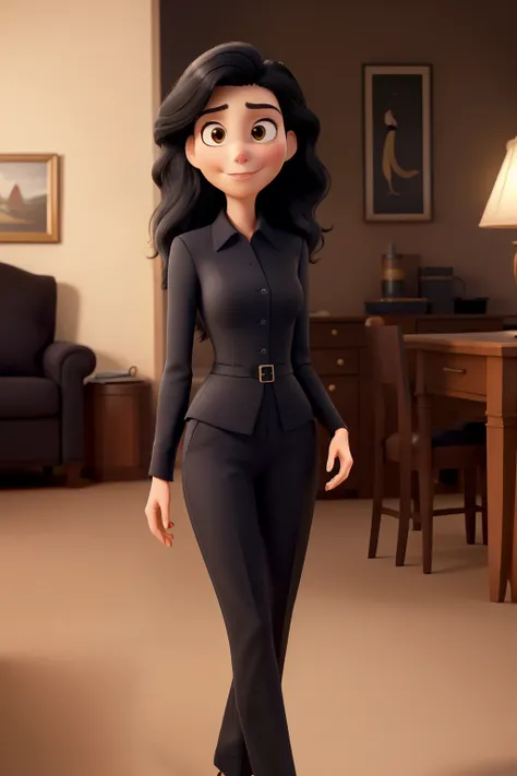 A young woman named Elaine, exuding an aura of seriousness, elegance, and wisdom, is depicted in this Disney Pixar-style image. Her long, wavy dark black hair cascades down her shoulders, framing her distinctive yellow eyes with their slightly slanted shap...