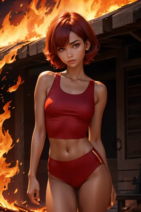 beautiful tanned woman, very small red clothes, short hair made of flames