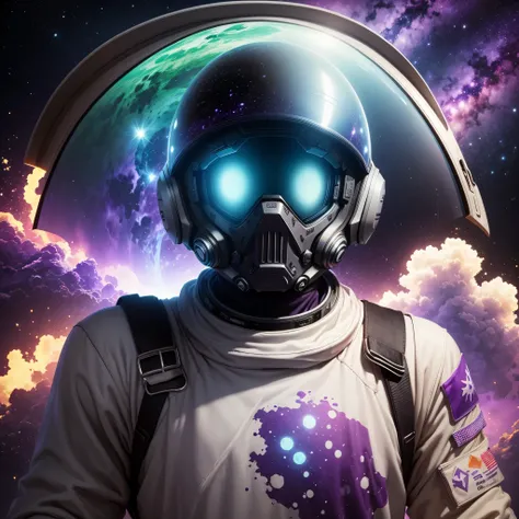 imagem da mais alta qualidade, tentando conseguir algo, Desenho perfeito, Astronauta zumbi, sozinho, Floating in the galaxy with purple and green colors, com uniforme branco e preto, viseira do capacete refletindo, Scenery with nebula on purple and green b...