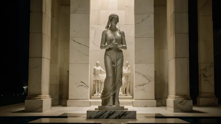 A white marble statue of a , beautiful strong, Woman ,with a stern look in a darkened square at night, in the style of photographers Annie Leibovitz and Peter Lindbergh.