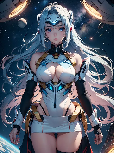 (masterpiece:1.3), (8K、photorealistic, Raw photo, best quality:1.4), (solo), one girl, (((kos-mos))), beautiful face, Beautiful face with perfect symmetry, cute face, (beautiful light blue long hair), With bangs, There is a visor on the forehead, beautiful...