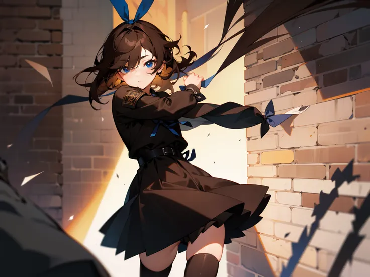 1boy, 1girl, black eyes, black hair, blue eyes, brick wall, brown hair, dress, hair over one eye, hair ribbon, long hair, ribbon, short hair, thighhighs, zettai ryouiki