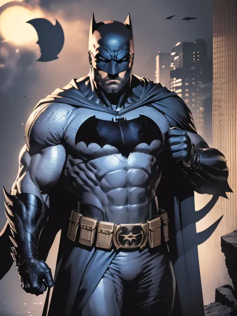 1 hombre, Solo, primer plano de vaquero de Ben Affleck como Batman, alto, pedazo, Muscular, a granel, hombro ancho, Realista, dark gray mask, traje gris sucio oscuro, brazos gris oscuro, guantes negros, Mejor calidad, obra maestra, high resolution:1.2, cap...