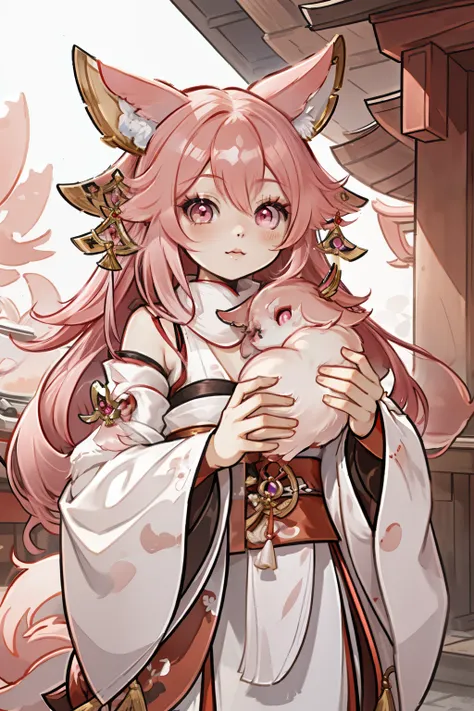 Very detailed, high quality, masterpiece, beautiful, Yae Miko Fox, Yae Shrine Maiden, pink eyes, long hair, pink hair, animal ears,