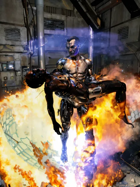 there is a cyborg man in an force field carrying a woman in a room that is on fire, cyborg man with artificial right arm, burnt woman, room on fire, ship cabin on fire, force field, photo real scene of a man carrying a woman in a fire, hyper realistic man ...