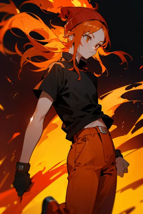 fire hair, red pants, black shirt, orange beanie, fire background,
