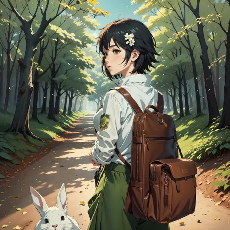  Anime, garota e garoto se beijando ao longe, Floresta, mochila,From afar a girl kissing a boy in a white shirt and green pants in the forest with dried leaves on the ground and some rabbits, beijo apaixonado distante, se beijando ao longe ( ( Makoto Shink...