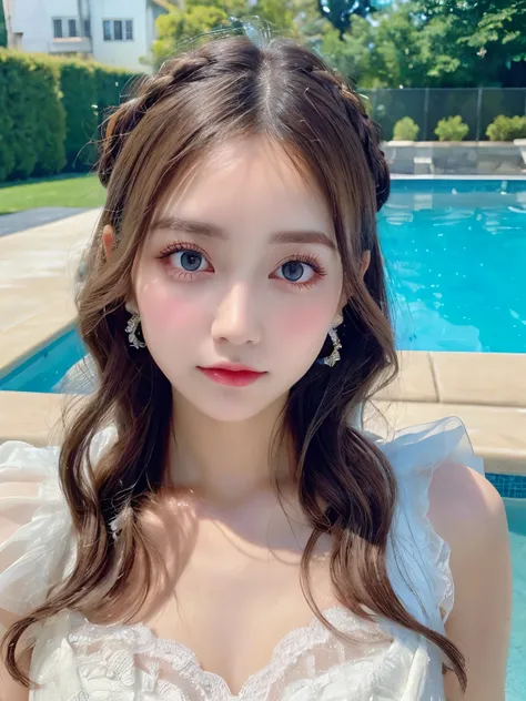 ((highest quality, 8K, masterpiece)), Super detailed, High definition,, pretty dress gorgeous woman,Big eyes,thin lips,,, white long hair | Barrette,, pool