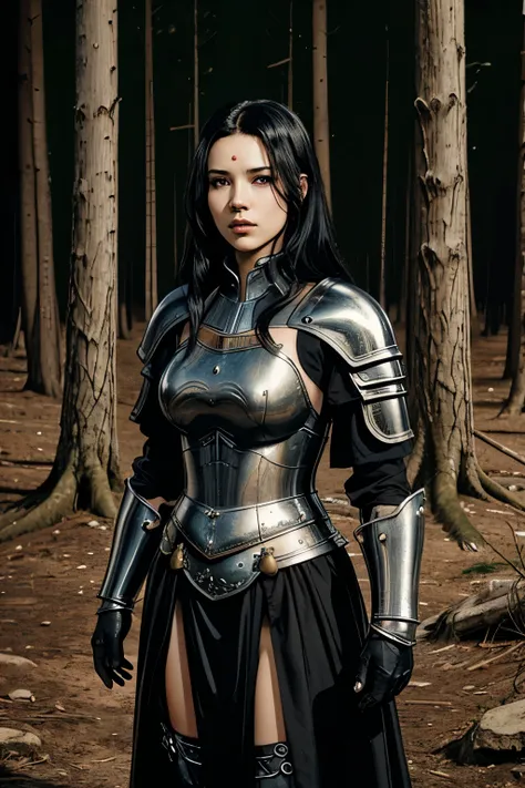 A girl, black hair, black eyes, warrior, dressed in medieval armor, medieval theme, forest in the background, best quality, masterpiece, korean