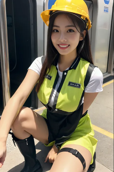 (((subway track maintenance worker costume))),(((reflective vest))),(((hard hat))),(((rubber boots))),(((sit and knees up))),(((double-breasted,underbust:1.2))),ulzzang-6500-v1.1, (Raw photo:1.2), (Photo realistic:1.4), a beautiful detailed girl, extremely...