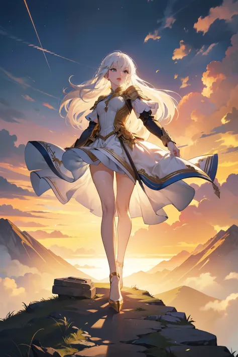 Beautiful young girl with white hair cascading down to her shoulders, standing at her full height on the peak of a mountain in a fantasy world, the wind gently lifting the edges of her dress, revealing white stockings and beautiful, shapely legs. She wears...