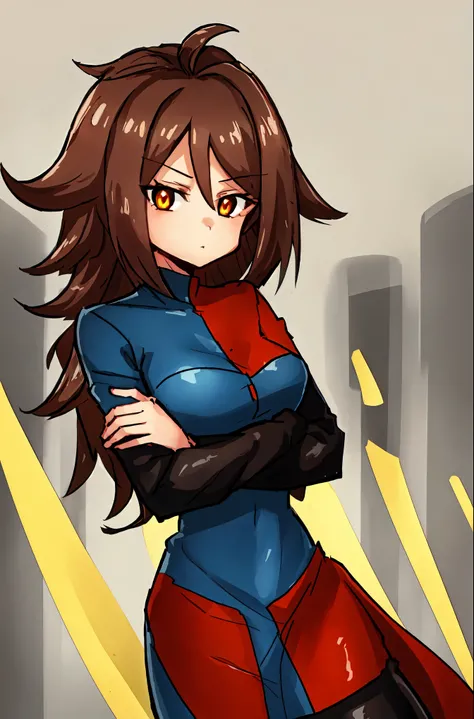 (((Ultra-HD-quality-details, relaxed, ideal-cutesie))) emphasized-details:2, 1girl, solo, anime-character-"Android-21", dangerous-physique, black-houndstooth-dress, brown-hair, golden-eyes, glowing-eyes, arms-crossed, looking-at-viewer