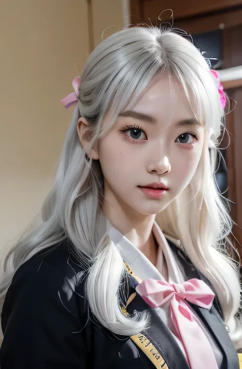 masterpiece, detail, perfect face, perfect hand, korean girl. solid white hair color, little wavy and long style. smoky black pupil. wear japan suit school uniform, little pink ribbon on her hair. sweet smile. study at japanese school class with her femal...