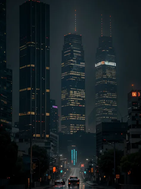 Los Angeles, futuristic, 2030s, city, cyberpunk, cyberpunk city, cyberpunk style, neon light, rain, fog, night time, road, car on the road, light, ground view, U.S. Bank Tower, tall city, tall building background, city background, no one, 8k, masterpiece, ...