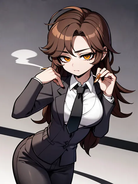 1woman, human ,mature, tough, honey eyes, dark brown hair, curly hair, long hair, big hips, slender waist, boar back, suit , tie, smoking, cigarette on hand, bad temperature, manager. 