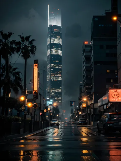 Los Angeles, futuristic, 2030s, city, cyberpunk, cyberpunk city, cyberpunk style, neon light, rain, fog, night time, road, palm tree, palm trees side of road, car on the road, light, ground view, U.S. Bank Tower, tall city, tall building background, city b...