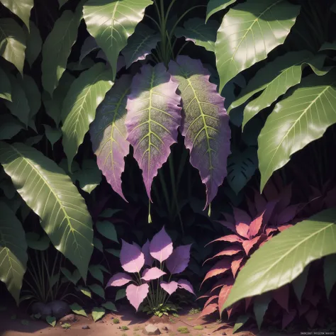 purple leaves with green leaves on them in the ground, a stipple by Daniel Chodowiecki, flickr, fine art, purple foliage, purple and green colors, colorful tropical plants, vibrant foliage, blue and purple plants, purple and green, alien colorful greenery,...