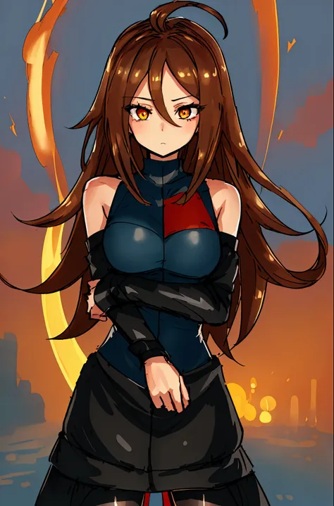 (((Ultra-HD-quality-details, relaxed, ideal-cutesie))) emphasized-details:2, 1girl, solo, anime-character-"Android-21", dangerous-physique, (((black-houndstooth-dress))), brown-hair, golden-eyes, glowing-eyes, arms-crossed, looking-at-viewer