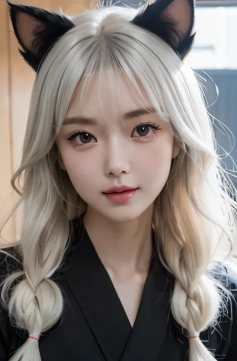 masterpiece, detail, perfect face, perfect hand, korean girl. solid white hair color, little wavy and long style. smoky black pupil. peach blush on. glossy lips. wear japan school uniform, cat ear ornamen on hair. sweet smile. sit at japanese school class,...