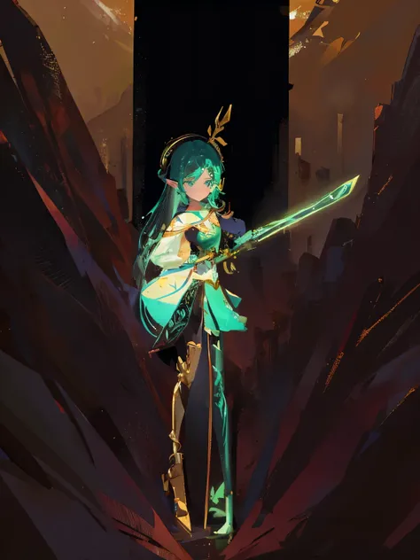 high quality，A stickman girl with a broken arm and one leg holding a knife，green long hair，Elf recurved prosthetic leg of right leg，golden decoration，plain expression，Snowy mountains at sunset，wings of wind