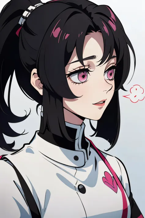 white young woman, ashley graves hairstyle, pink eyes, crazy face, psicho smile, demon slayer uniform, sword, black hair, black ...