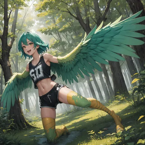 1 female, solo female, harpy, emerald green wings, beautiful wings, bird legs, sharp black talons, tan skin, tomboyish appearance, slim body, body height, shoulder length green hair, bright yellow eyes, masterpiece, excellent details,sports shorts, flying ...