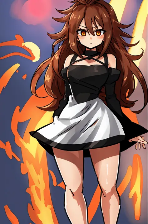 (((Ultra-HD-quality-details, relaxed, ideal-cutesie))) emphasized-details:2, 1girl, solo, anime-character-"Android-21", dangerous-physique, (((black-dress))), brown-hair, golden-eyes, glowing-eyes, arms-crossed, looking-at-viewer