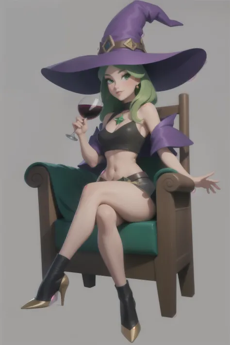 green-skinned witch sitting on the throne dressed in a crop top and mini skirt drinking wine with her legs crossed very detailed pin up concept art witch hat sexy skinned green