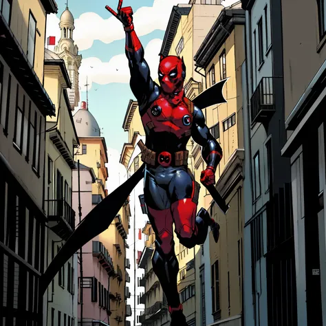 Superhero (deadpool) male standing figure flys in streets
The figure in the image strikes a dynamic pose, with one arm stretched upwards and the other slightly bent at its side. The legs are also in motion,