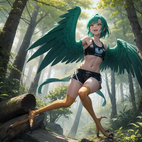 1 female, solo female, harpy, emerald green wings, beautiful wings, bird legs, detailed sharp black talons, tan skin, tomboyish appearance, slim body, body height, shoulder length green hair, bright yellow eyes, masterpiece, excellent details,sports shorts...