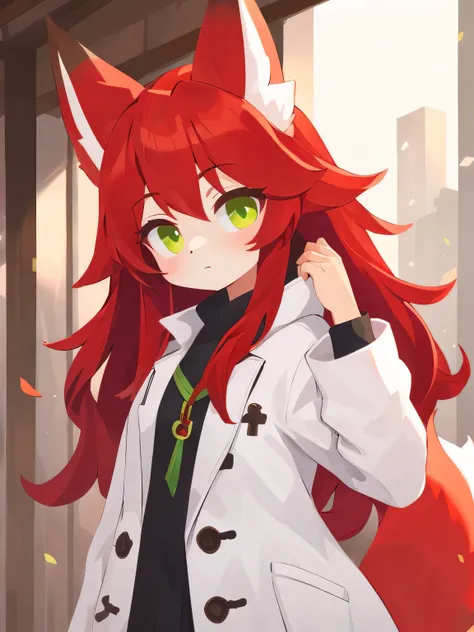 (best quality:1.5),(masterpiece:1.2),(detailed:0.25), 1girl, solo red hair, green eyes with vertical pupil, white coat, fox girl, fox ears, fox tail