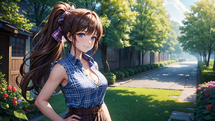 1girl, solo, village, trees, flowers, people, brown hair, long hair, curly hair, ponytail, large breasts, button down shirt, ((worn out shirt)), blue eyes, ((blue checked shirt)), ((unbuttoned shirt)), cleavage 1:3, ((sleeveless shirt)), checked skirt, gri...