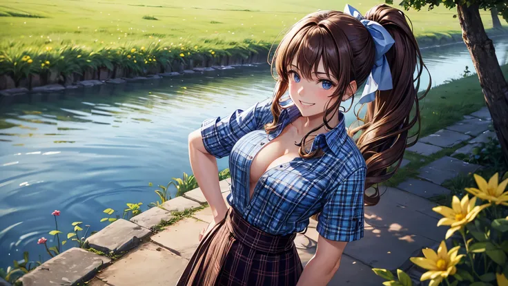 1girl, solo, village, trees, flowers, people, brown hair, long hair, curly hair, ponytail, large breasts, button down shirt, ((worn out shirt)), blue eyes, ((blue checked shirt)), ((unbuttoned shirt)), cleavage 1:3, ((sleeveless shirt)), checked skirt, gri...