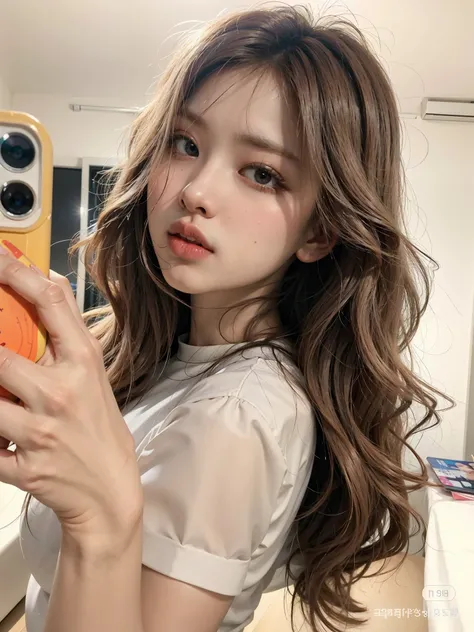 um close de uma mulher tirando uma selfie com um telefone celular, linda mulher sul-coreana, Linda jovem coreana, coreana, Linda jovem coreana, even model | artegerm, roseanne park blackpink, Asian with long hair, maquiagem sul-coreana popular, cabel loi...