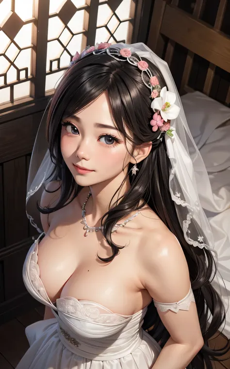 absurderes:2.0、(Blush、wedding veil:1.4, from above:1.3,, arms behind head:1.4)、japanese actress、solo, realistic, Unity 8K Wallpaper, Masterpiece, Realistic face, Realistic skin feeling ,detailed hair, highly detailed, realistic glistening skin, light makeu...