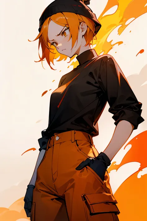 yellow fire hair, red pants, black shirt, orange beanie, fire background, lean female, angry, short hair
