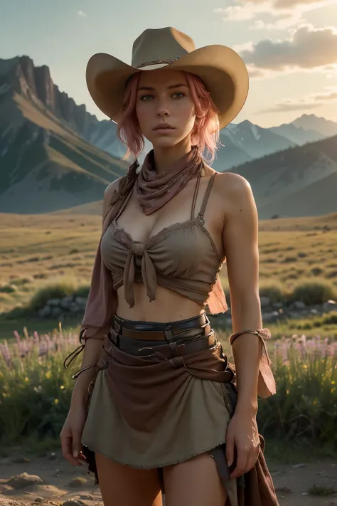 Close-up shot, a western scene, a solo beautiful blonde woman short pink hair, standing next to a split rail fence in a flower-filled meadow in the Sawtooth Mountains in Idaho as the sun sets; wearing a short, rough material skirt, bandana top, large breas...