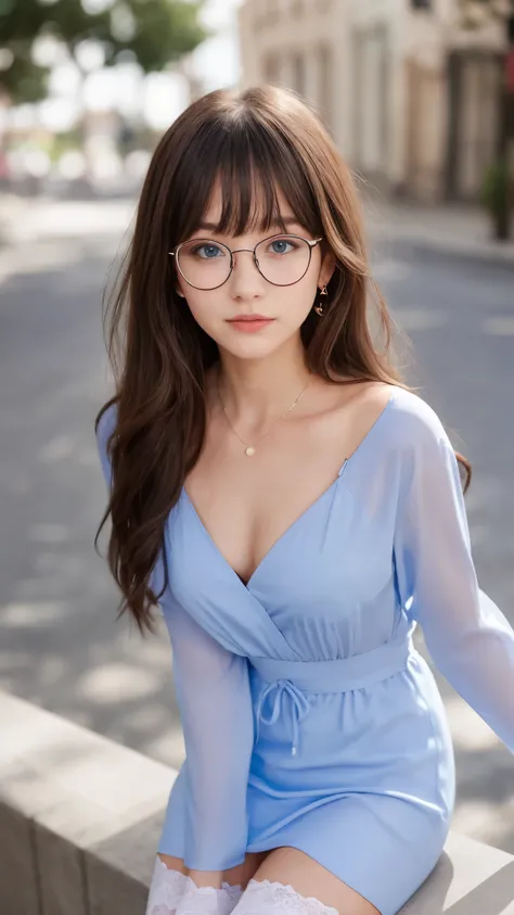 European girl, 13 years old, (long hair: 1.3), straight bangs, blonde, glasses, light blue eyes, shirt, dress, (white tights), small neckline, ray tracing, best quality