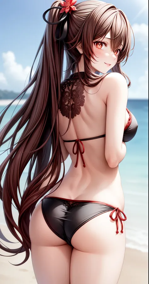 anime, beautiful face, highly detailed face, 2 accurate legs, red detailed eyes, flower pupils, highly detailed beach background, perfect lighting, best lighting, 1girl, solo, hu tao, genshin impact, outdoors, on the beach, (beautiful brown hair:1.2), absu...