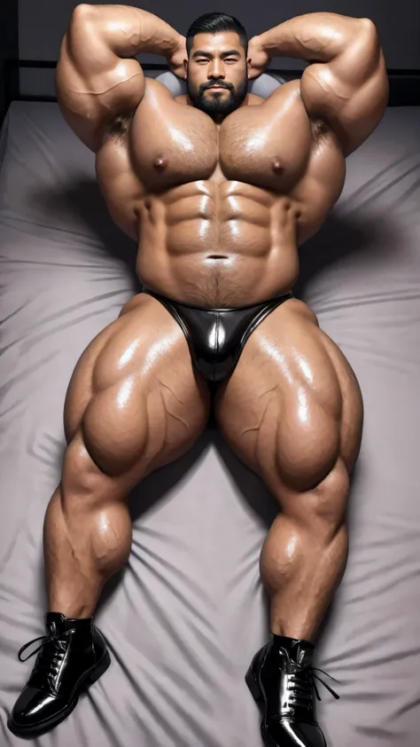 There is only one person in the picture，一位中国bodybuilding运动员，30 years old，High, bodybuilding，lying on gray sheets，Paired with glossy black leather bow tie，short hair, O-shaped beard，Perfect body, Dark and shiny complexion，Muscle bulge, muscular, Very big pe...