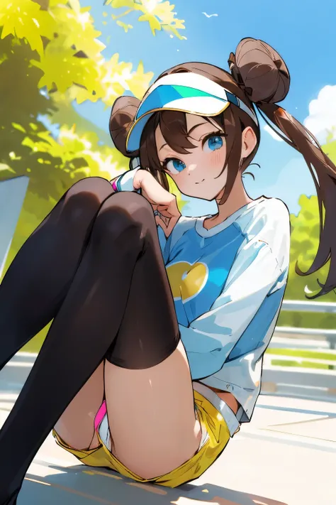 table top、highest quality、High resolution、1 girl、low length、Slender、shy smile、brown hair, bun hair, blue eyes, long twin tails, visor cap,( black tights), raglan sleeves, yellow shorts,shirt, pink bow, watch、outdoors、Photo of the subject from below、tits、((...